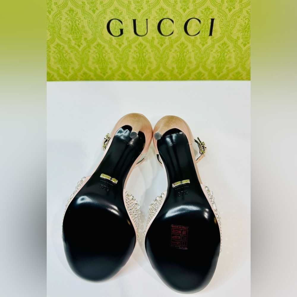 Gucci GG Crystal Embellished Rhinestones Heels Pink Satin Sandals Size 37.5 - Picture 12 of 16
